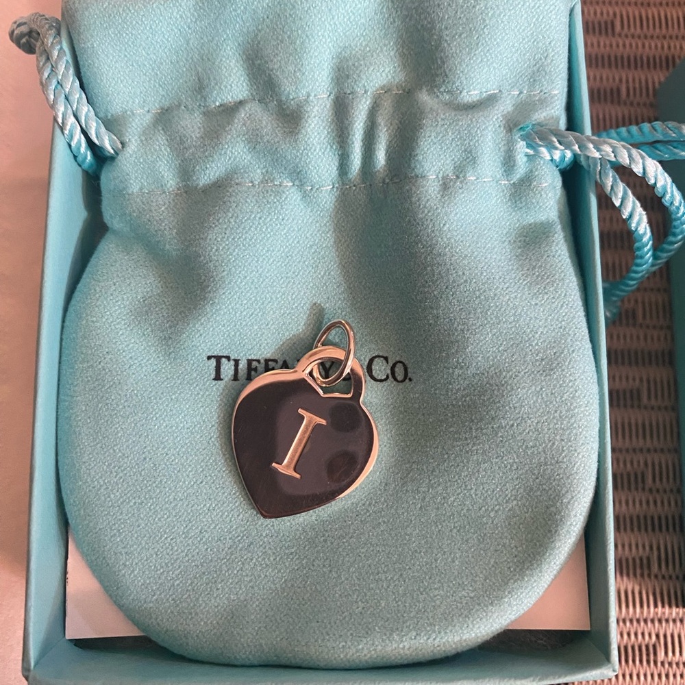 Tiffany & Co. Silver Heart Initial 'I' Charm on Tiffany Blue Pouch